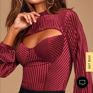 Lulu’s bodysuit - Always Alluring Burgundy Striped Velvet Cutout Bustier
